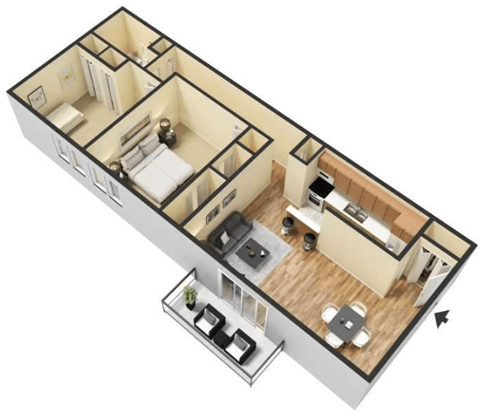 Floor plan for 2 beds, 1 bath, 896 sqft